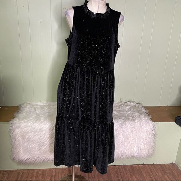 $128 J. CREW Glitter Velvet Tiered Midi Holiday Dress Black Gold Size‎ 12 - Picture 3 of 7